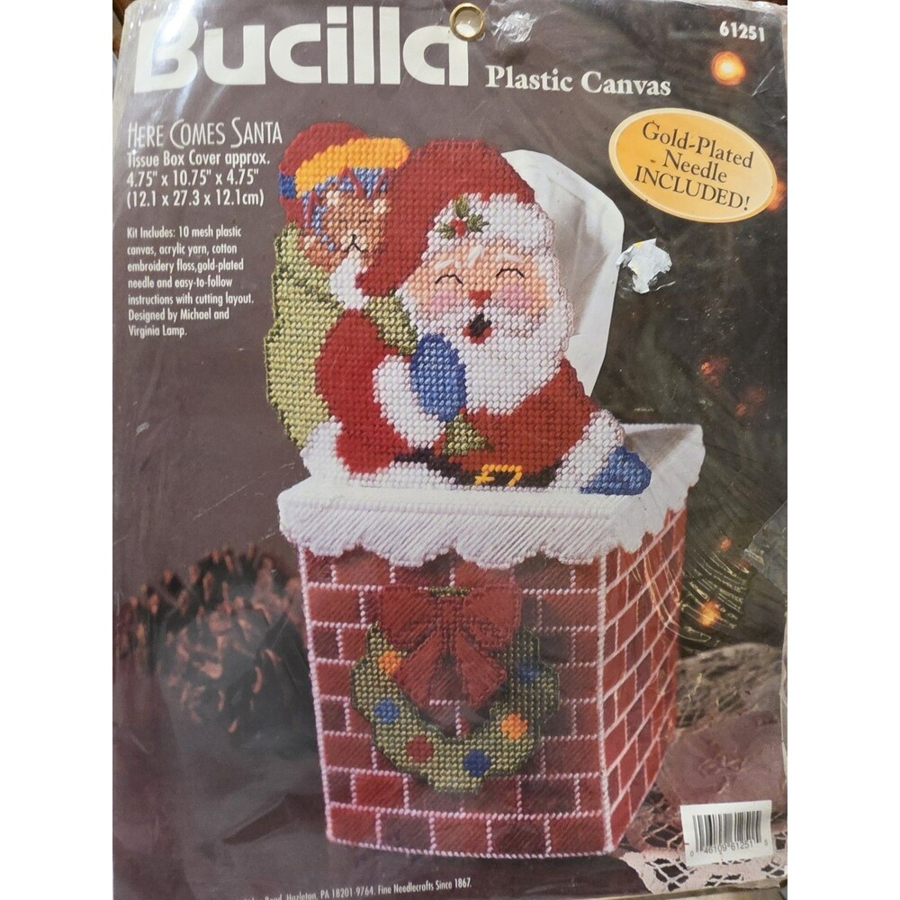 Bucilla Here Comes Santa Tissue Box Cover Plastic Canvas Kit Christmas 61251